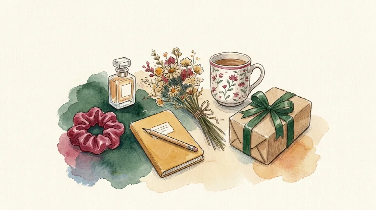 Флакон духов, резинка для волос, блокнот, сухоцветы и кружка